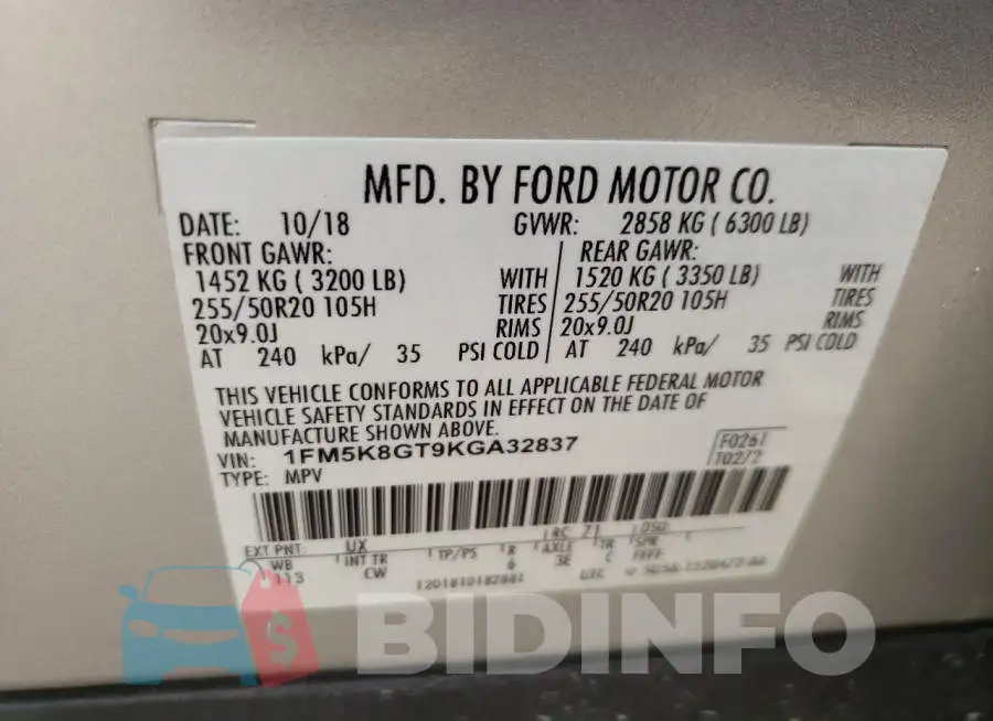 1FM5K8GT9KGA32837 Photo# 10