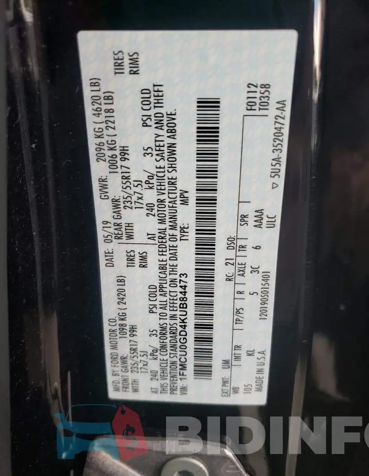 1FMCU0GD4KUB84473 Photo# 10