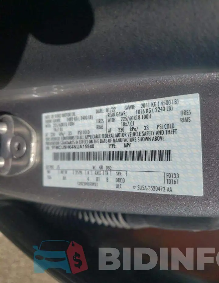 1FMCU9H64NUA15840 Photo# 10