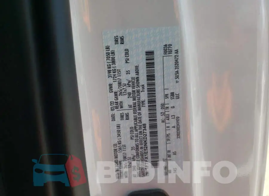 1FTFX1E52NKD27348 Photo# 10