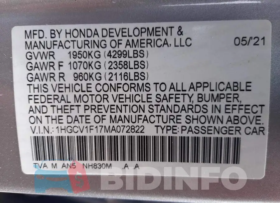 1HGCV1F17MA072822 Photo# 10