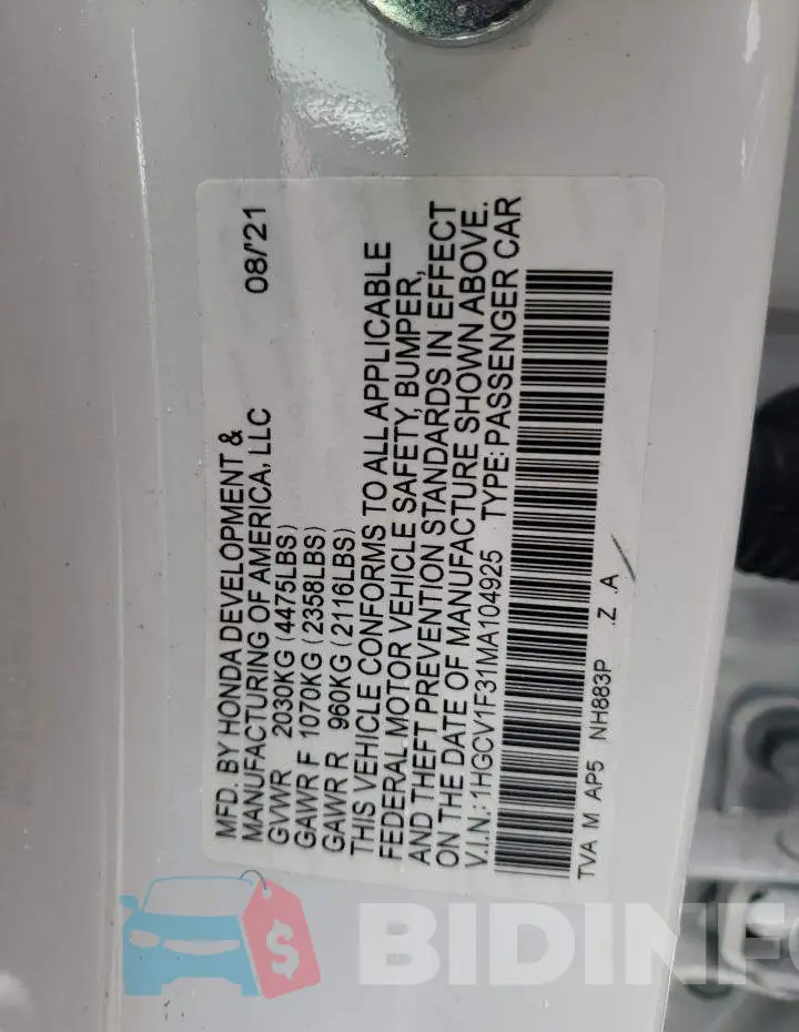 1HGCV1F31MA104925 Photo# 10