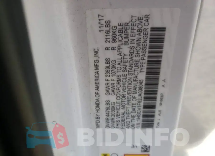 1HGCV1F92JA038045 Photo# 10