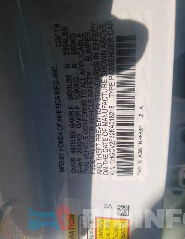 1HGCV2F32KA018218 Photo# 10