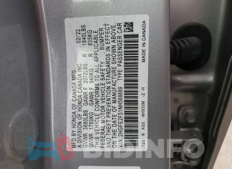 2HGFE2F51NH568689 Photo# 10