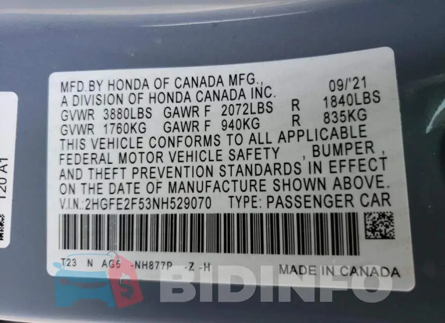 2HGFE2F53NH529070 Photo# 10