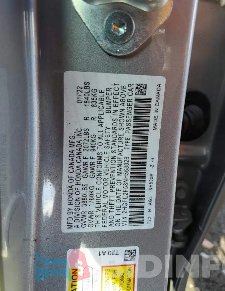 2HGFE2F58NH568026 Photo# 10