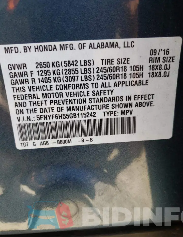 5FNYF6H55GB115242 Photo# 10
