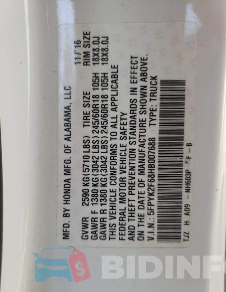 5FPYK2F68HB007688 Photo# 10