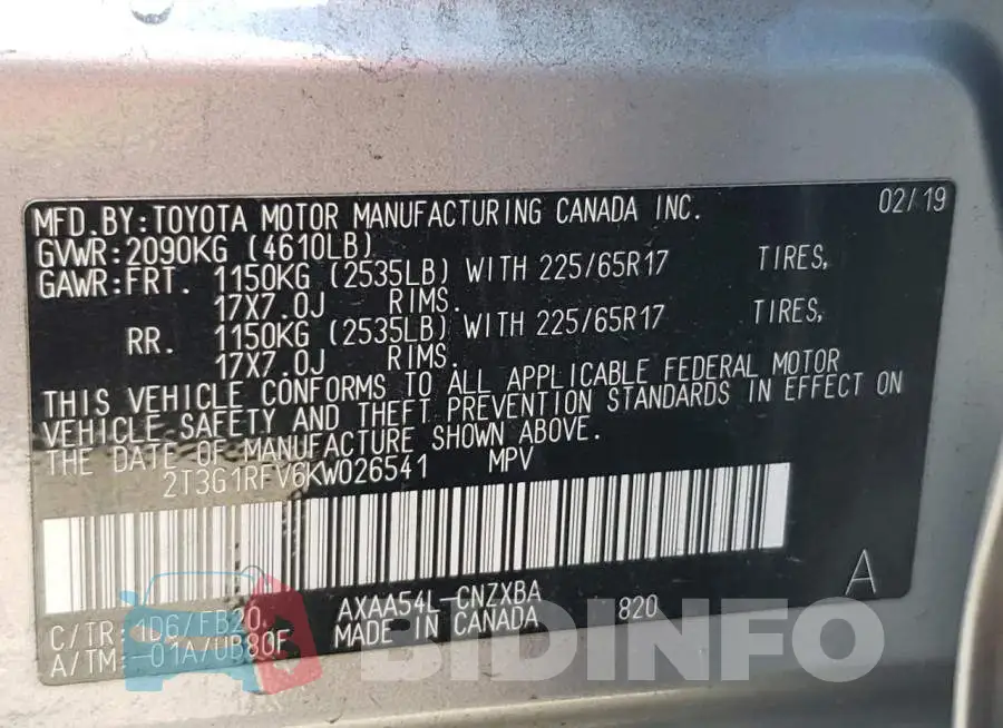 2T3G1RFV6KW026541 Photo# 10