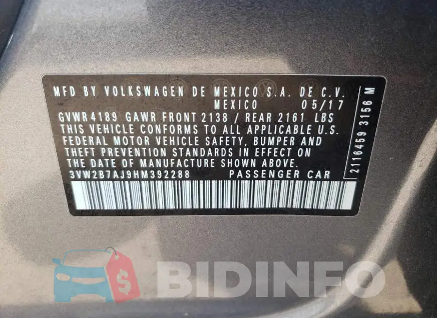 3VW2B7AJ9HM392288 Photo# 10