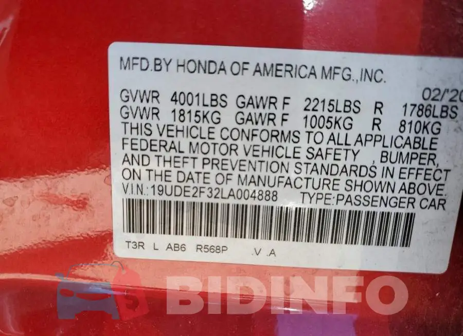 19UDE2F32LA004888 Photo# 10