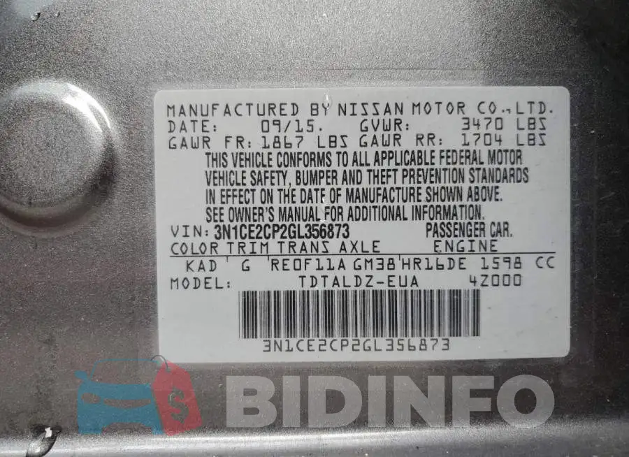 3N1CE2CP2GL356873 Photo# 10