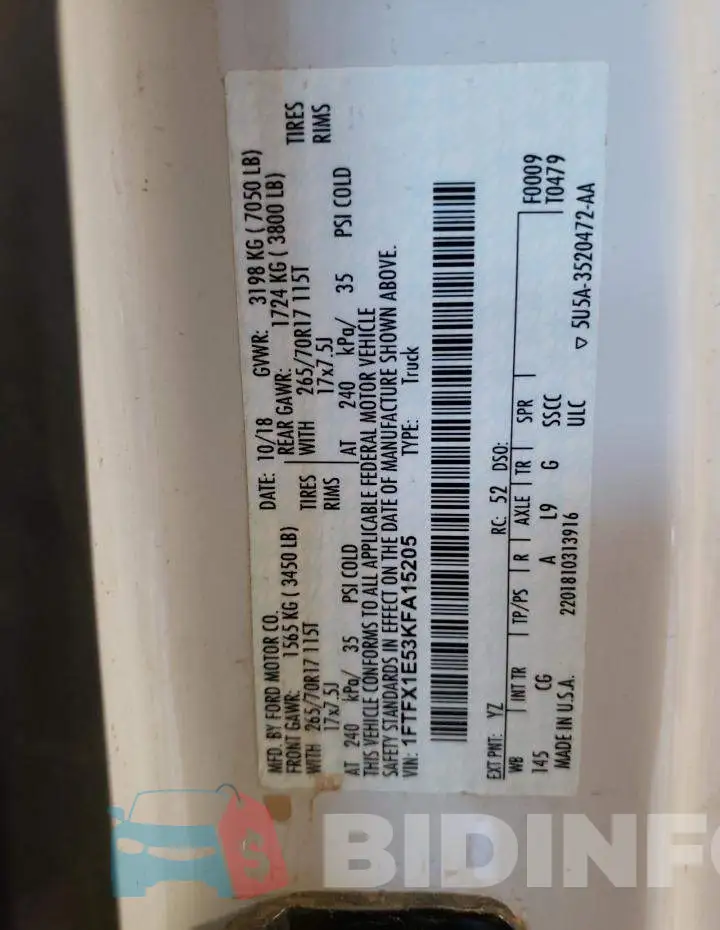 1FTFX1E53KFA15205 Photo# 10