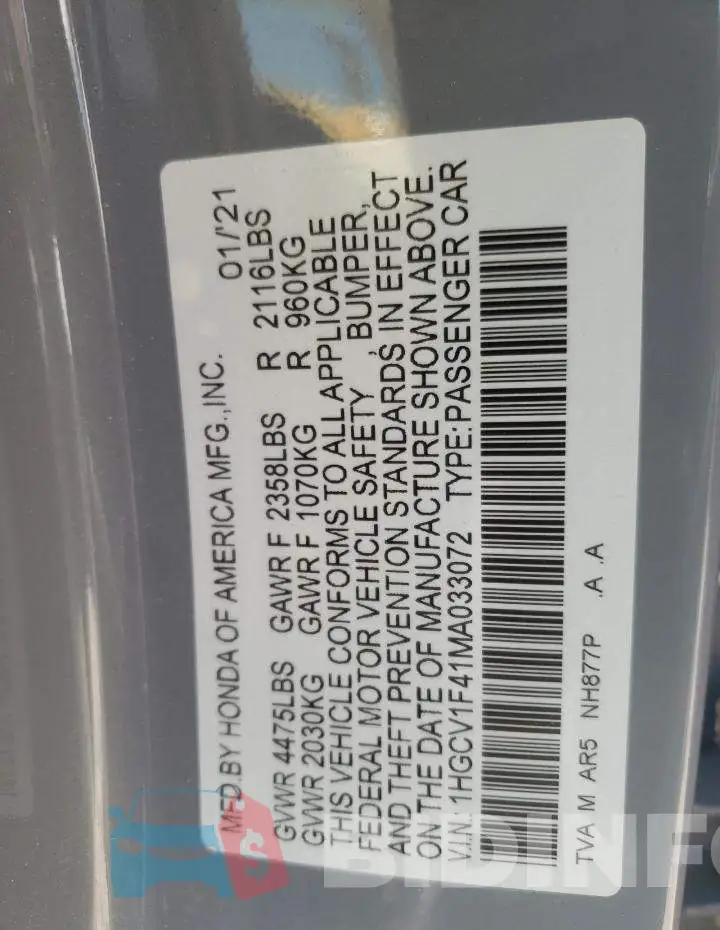 1HGCV1F41MA033072 Photo# 10