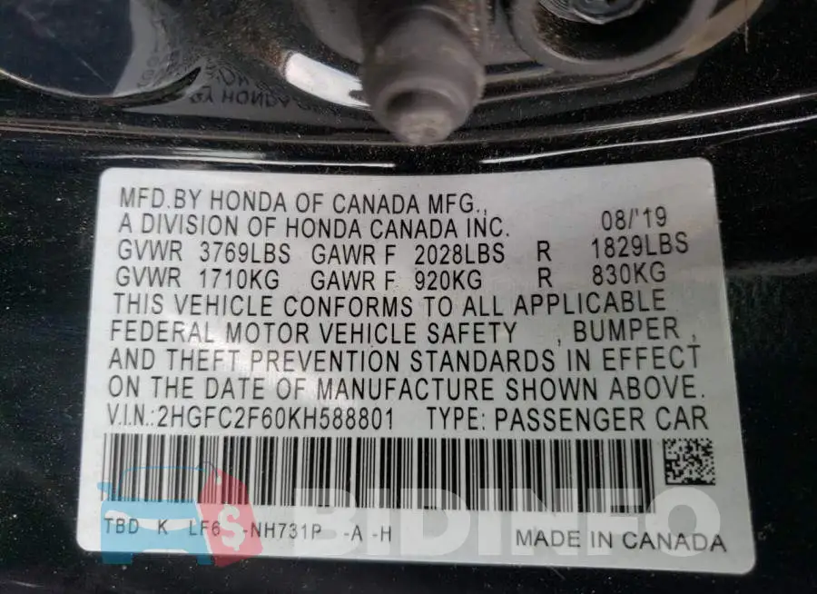 2HGFC2F60KH588801 Photo# 10