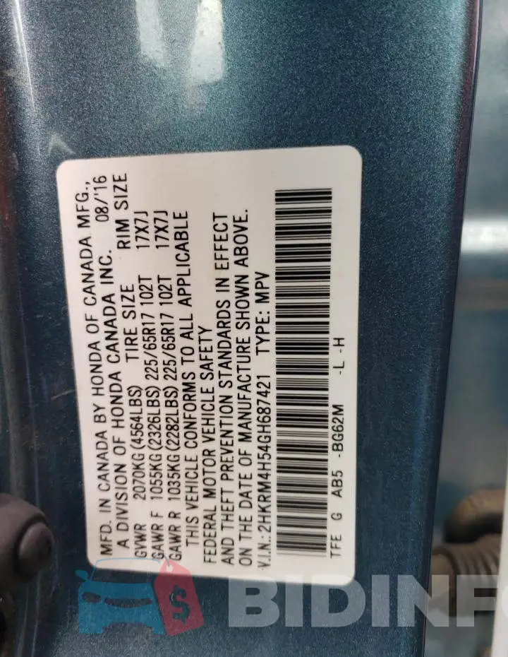 2HKRM4H54GH687421 Photo# 10