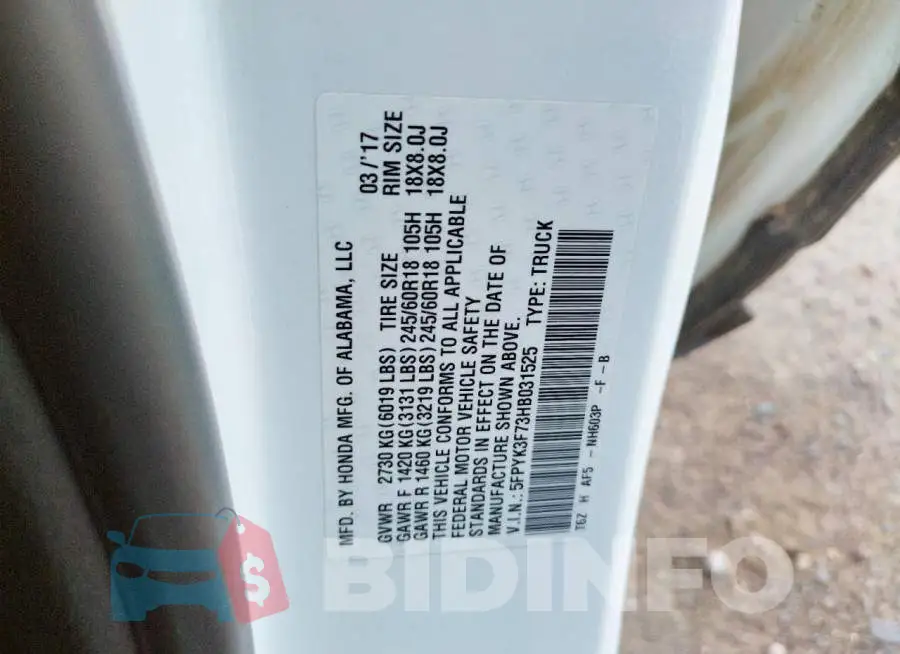 5FPYK3F73HB031525 Photo# 10