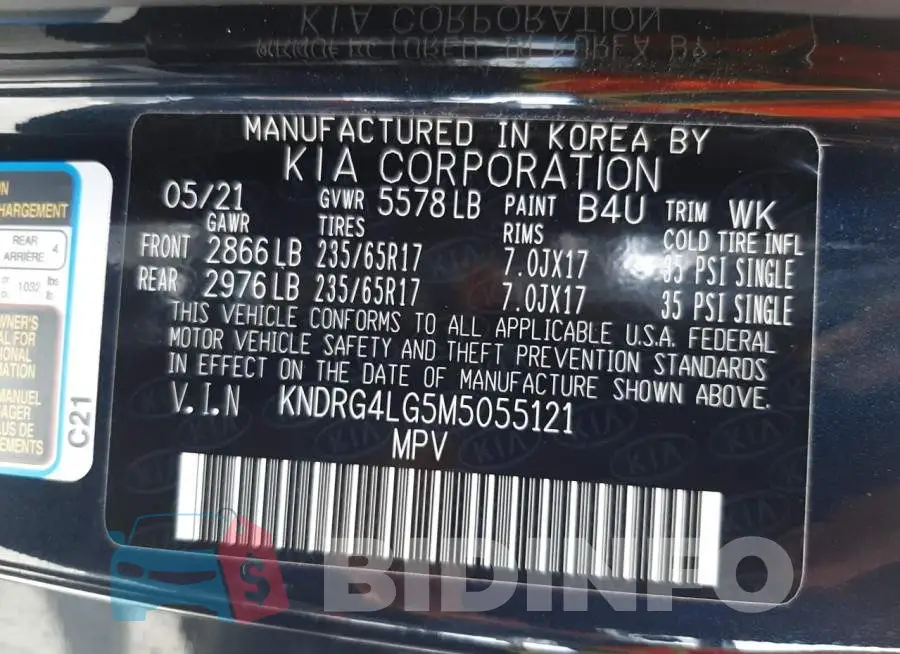 KNDRG4LG5M5055121 Photo# 10