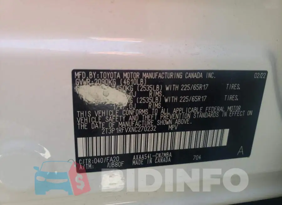 2T3P1RFVXNC270232 Photo# 10