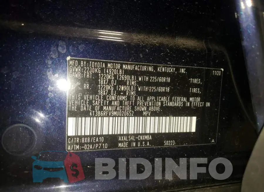 4T3B6RFV9MU020652 Photo# 10