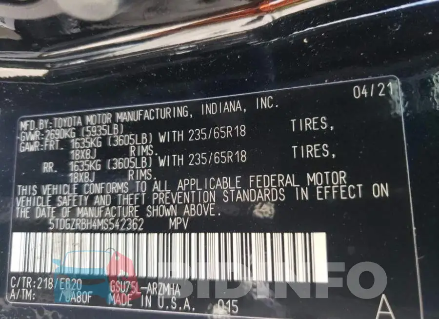 5TDGZRBH4MS542362 Photo# 10
