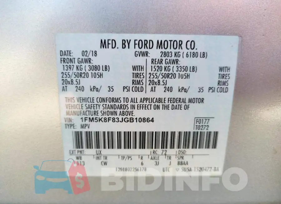 1FM5K8F83JGB10864 Photo# 10