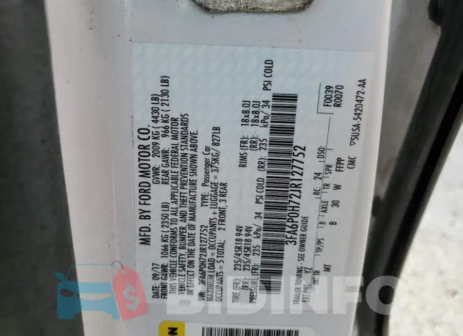 3FA6P0H72JR127752 Photo# 10