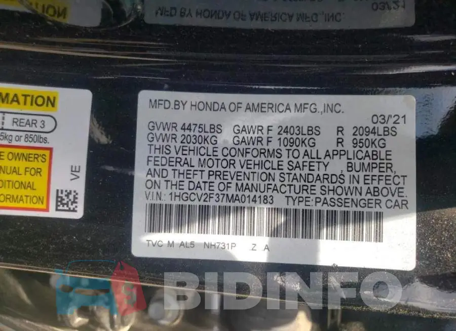 1HGCV2F37MA014183 Photo# 10