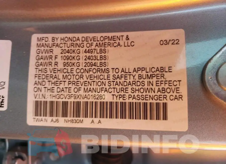 1HGCV3F9XNA016280 Photo# 10