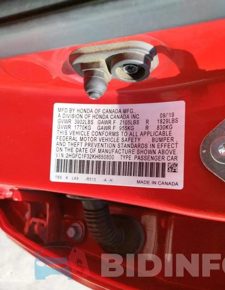 2HGFC1F32KH650800 Photo# 10