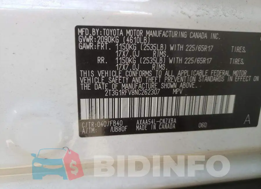 2T3G1RFV8NC262307 Photo# 10