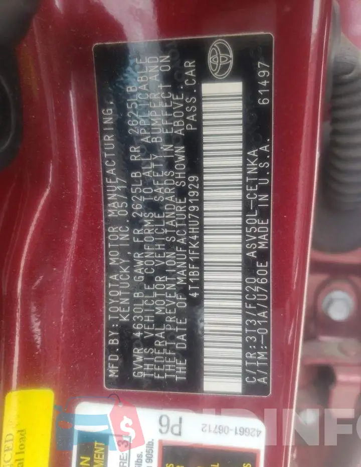 4T1BF1FK4HU791929 Photo# 10