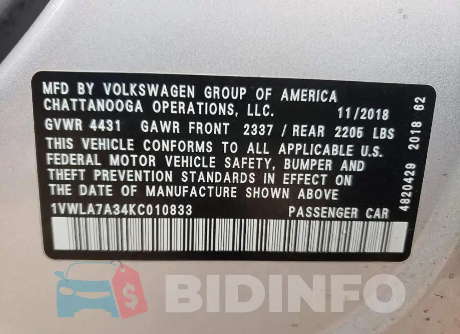 1VWLA7A34KC010833 Photo# 10