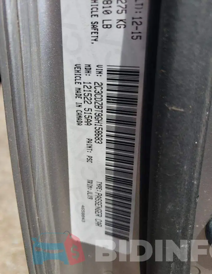 2C3CDZBT9GH158683 Photo# 10