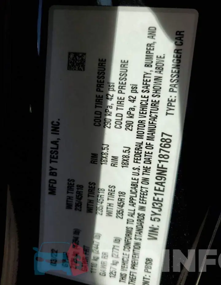 5YJ3E1EA9NF187687 Photo# 10