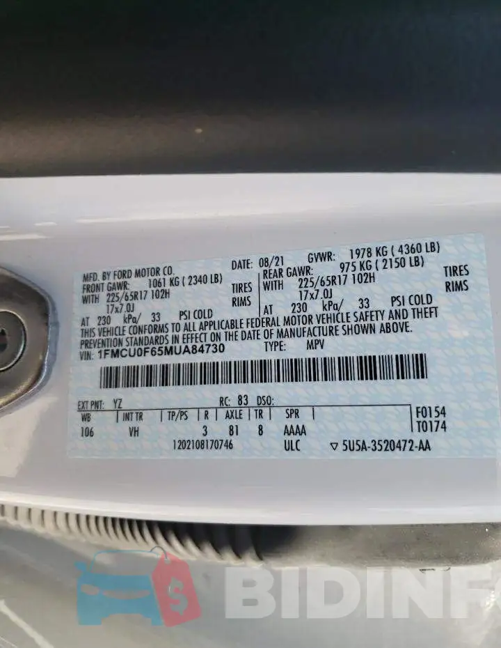 1FMCU0F65MUA84730 Photo# 10