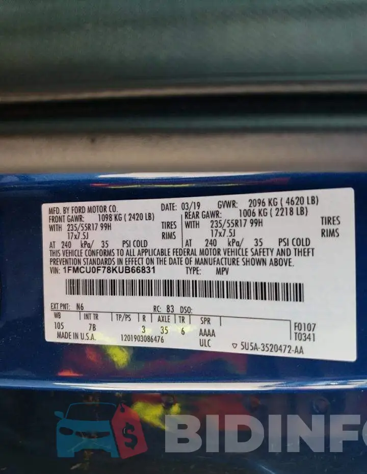 1FMCU0F78KUB66831 Photo# 10