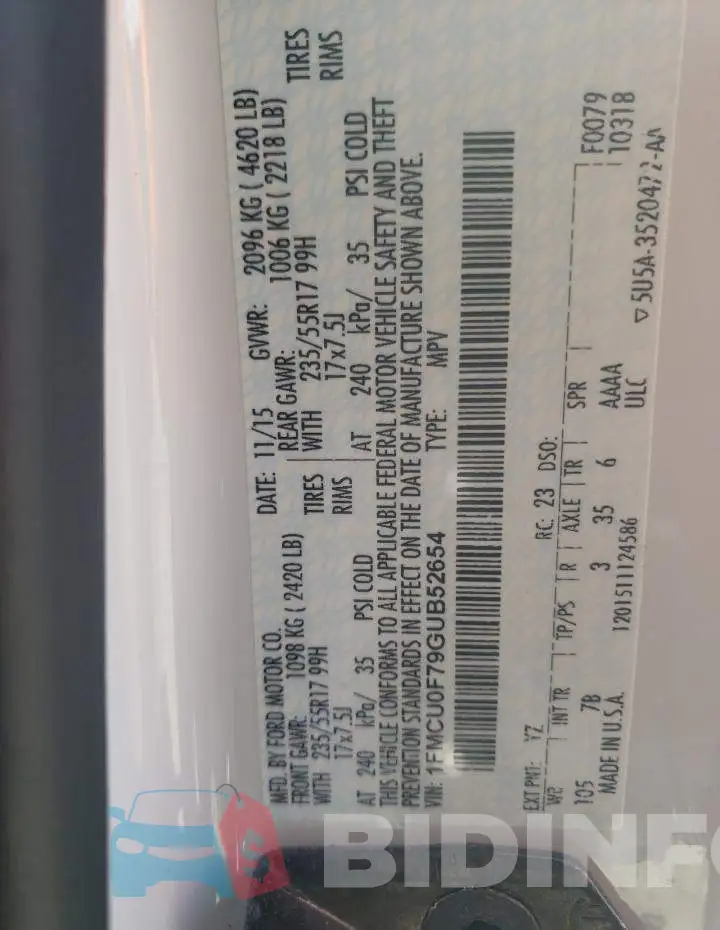 1FMCU0F79GUB52654 Photo# 10
