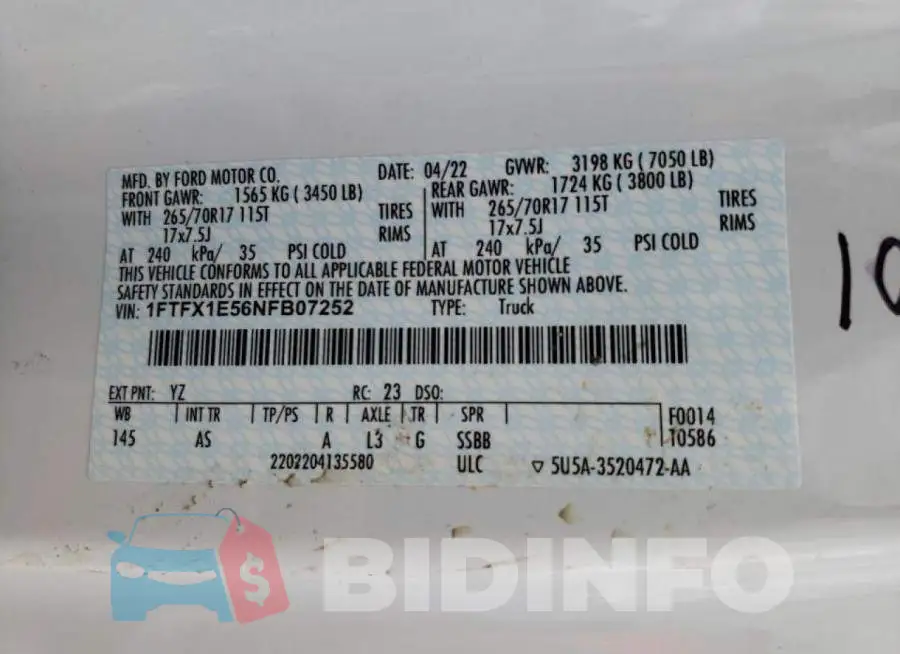 1FTFX1E56NFB07252 Photo# 10