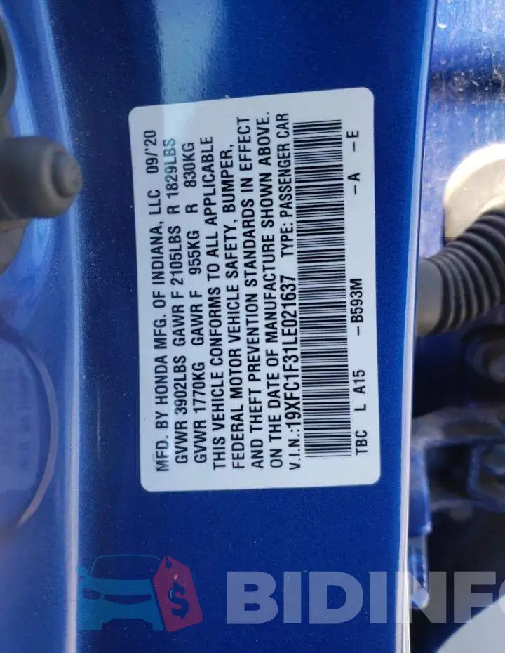 19XFC1F31LE021637 Photo# 10