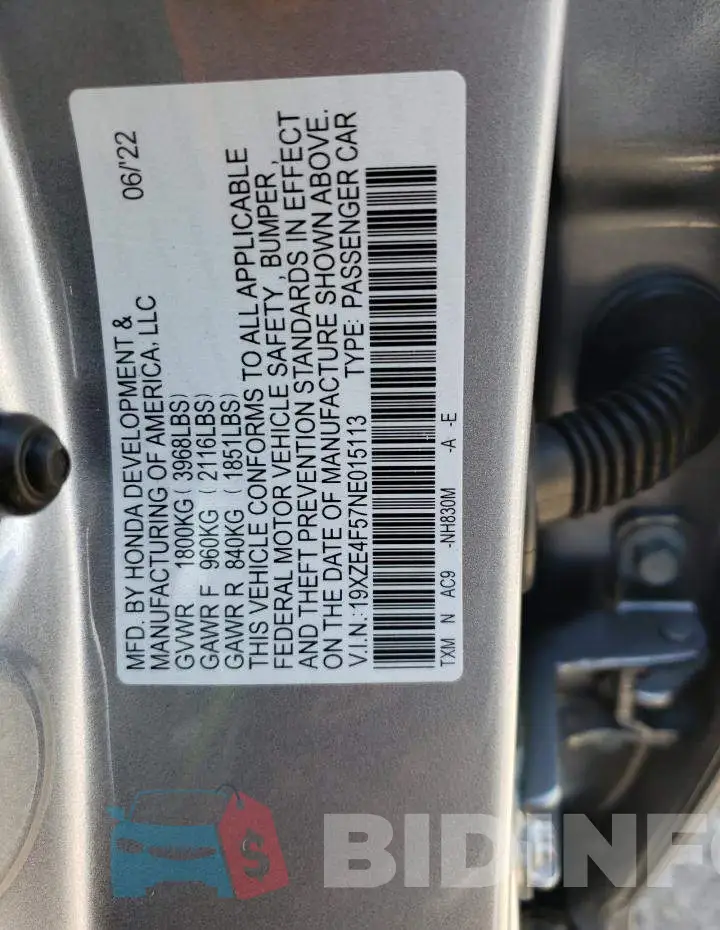 19XZE4F57NE015113 Photo# 10