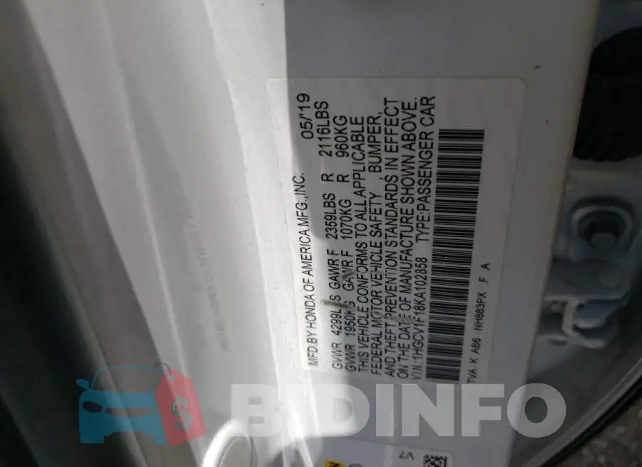 1HGCV1F18KA102858 Photo# 10
