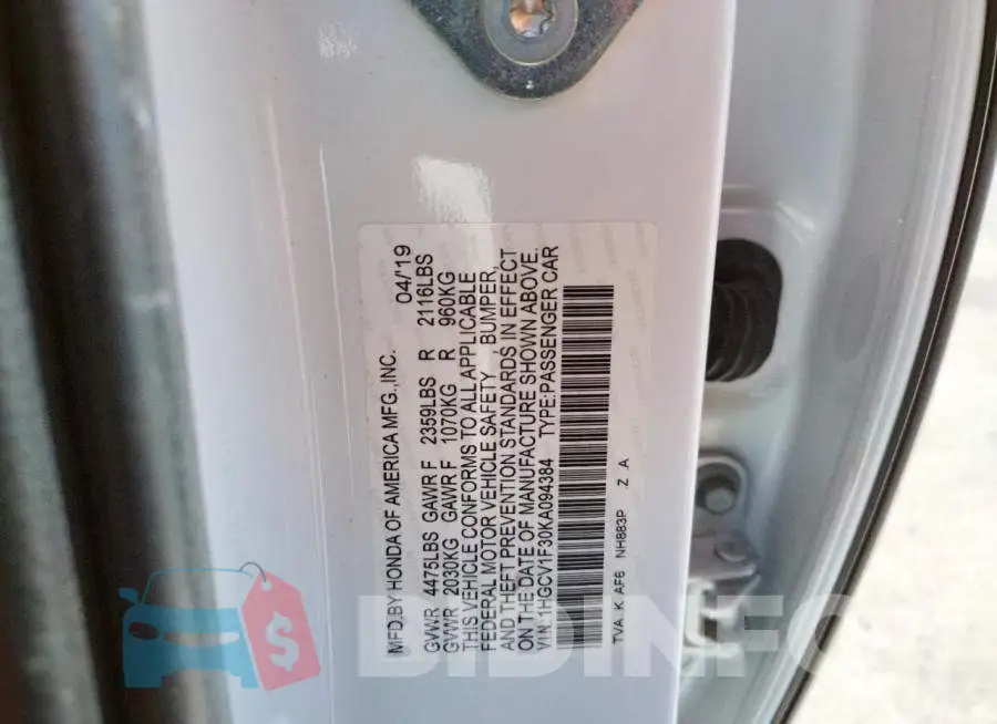 1HGCV1F30KA094384 Photo# 10