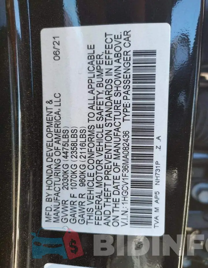 1HGCV1F36MA082436 Photo# 10