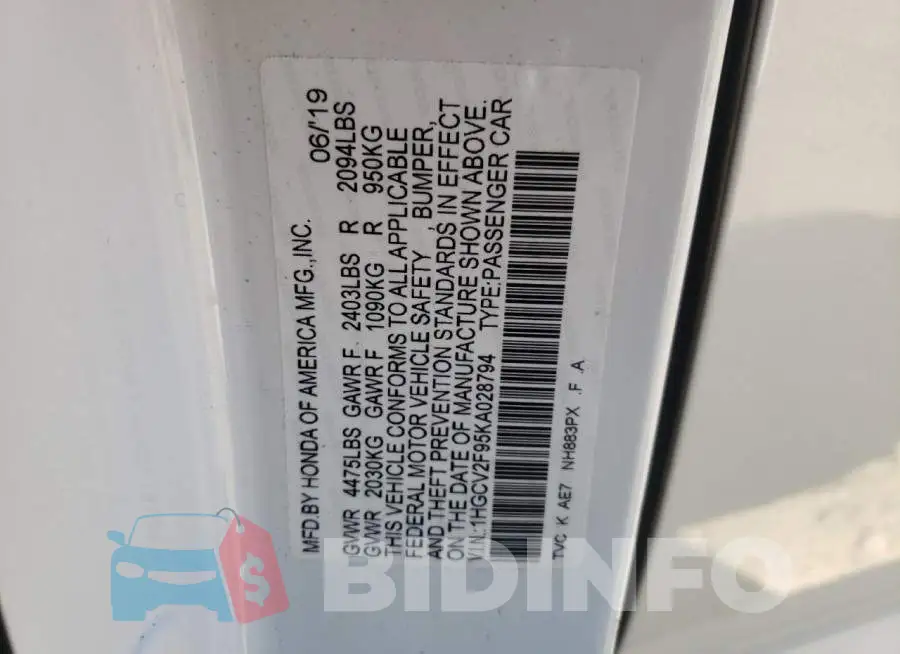 1HGCV2F95KA028794 Photo# 10