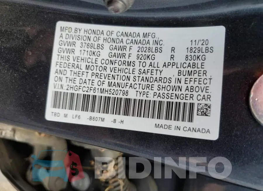 2HGFC2F61MH520798 Photo# 10