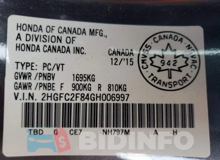 2HGFC2F84GH006997 Photo# 10