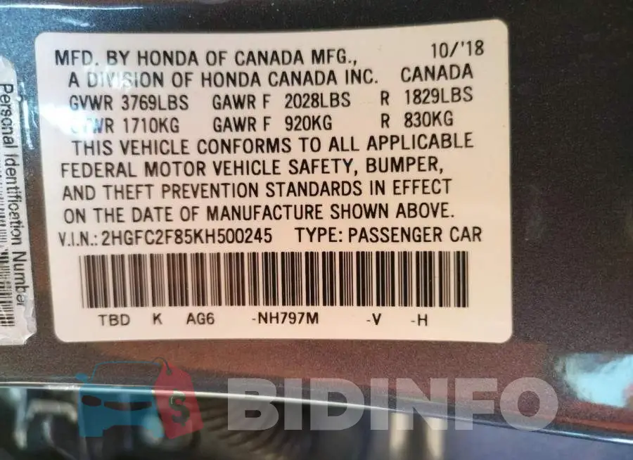 2HGFC2F85KH500245 Photo# 10