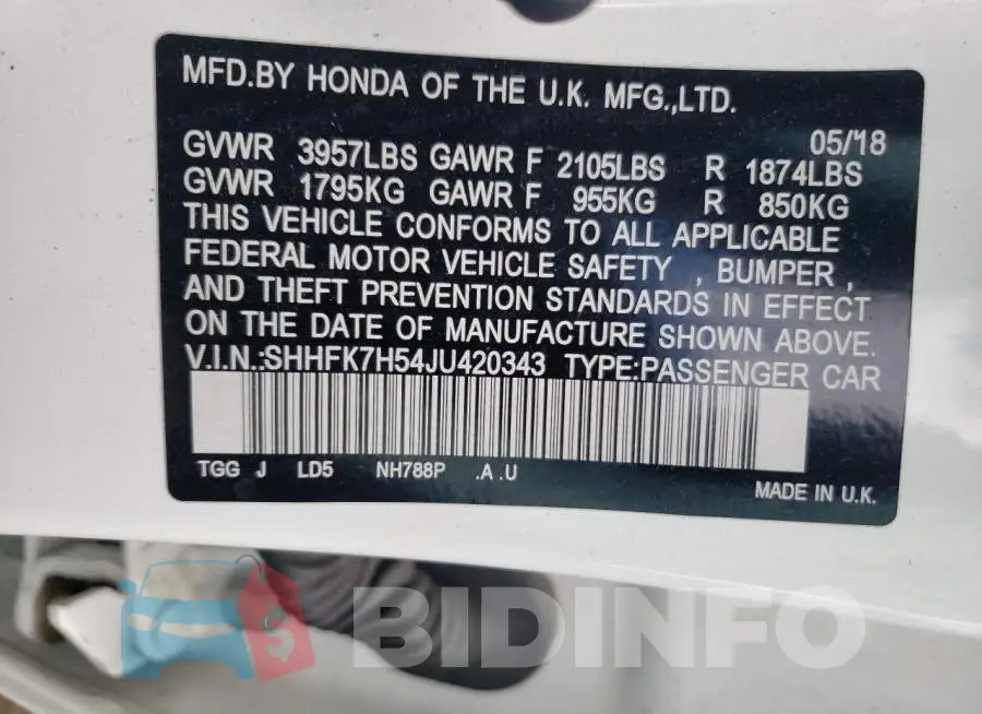 SHHFK7H54JU420343 Photo# 10
